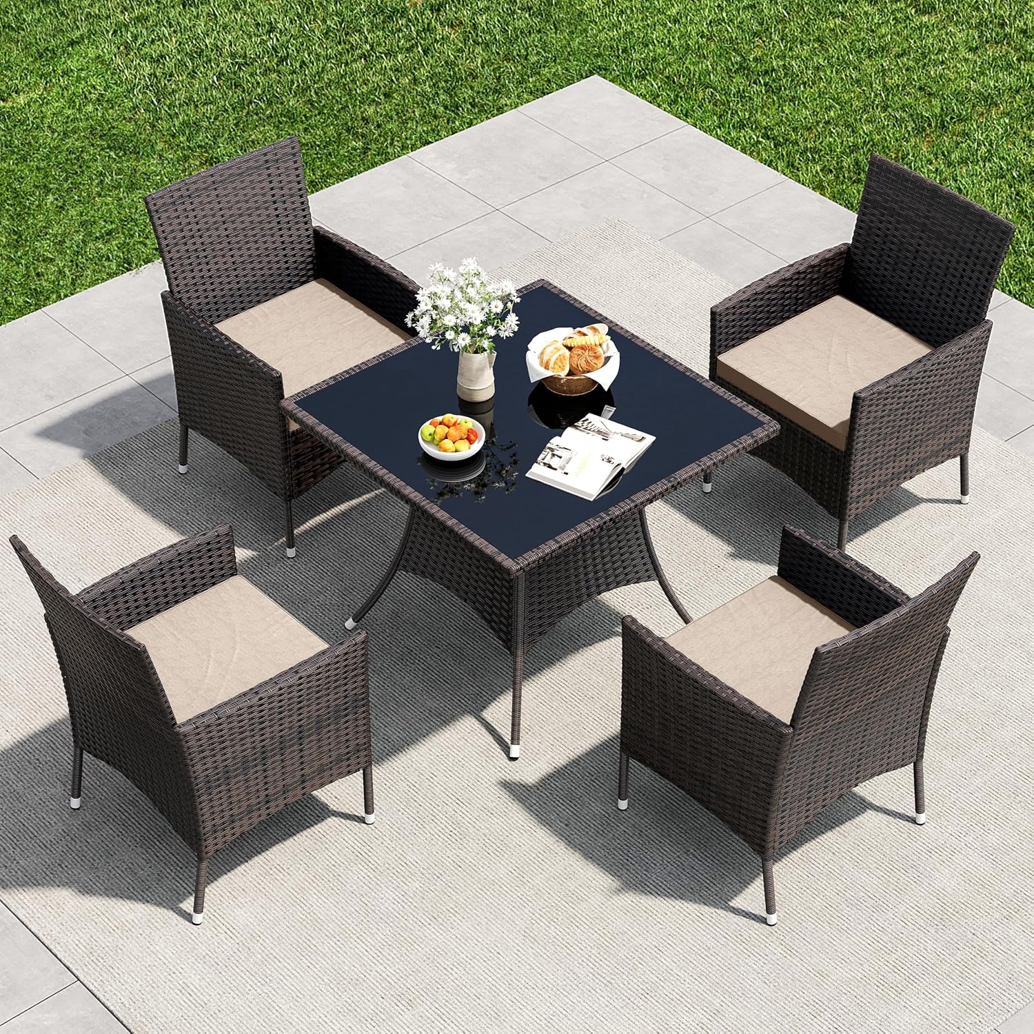 5 Pieces Outdoor Patio Dining Set,Patio Table and Chairs Rattan Outdoor Patio Furniture Set with Umbrella Hole,Dining Table Set for 4 with Chairs for Backyard,Garden and Kitchen,Brown