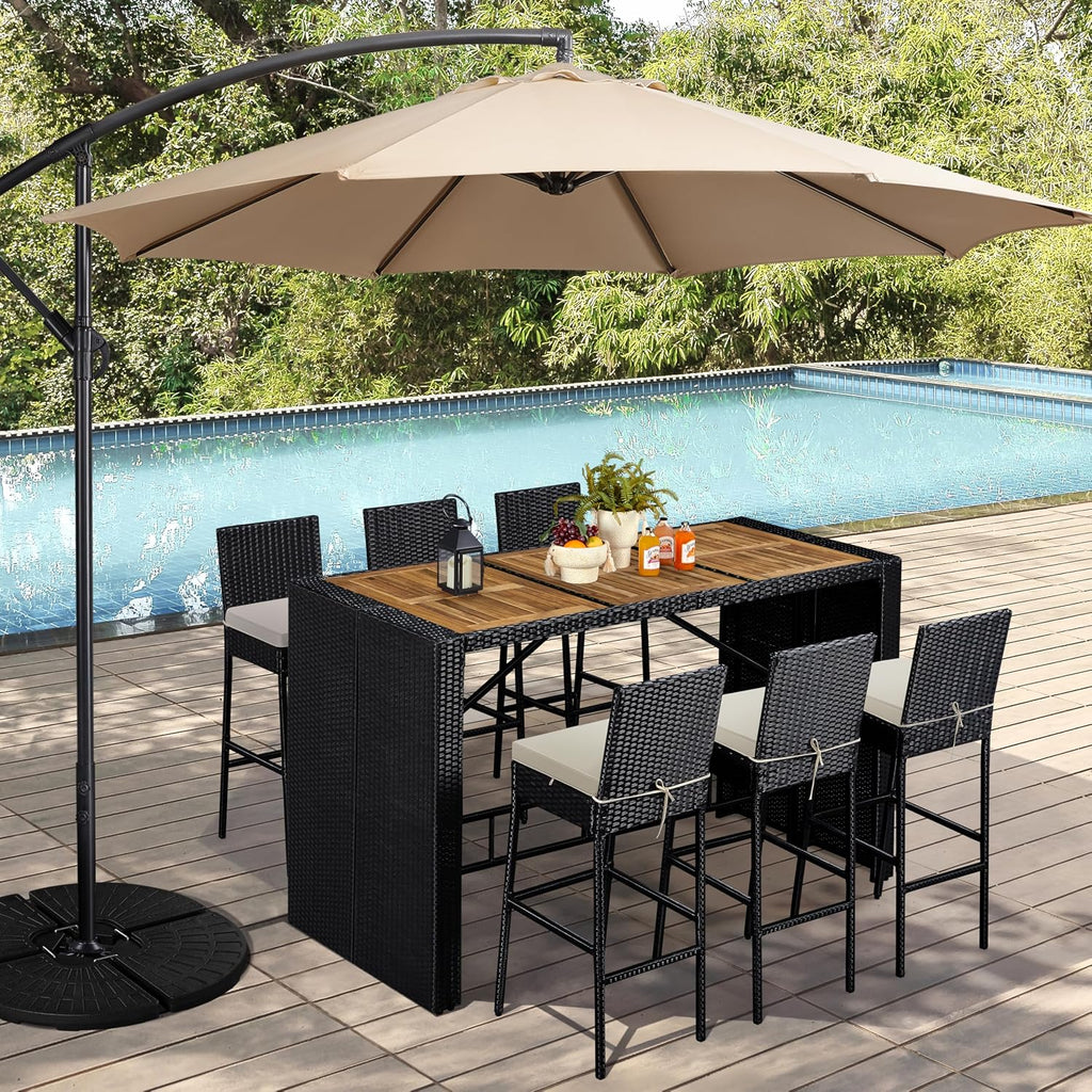Yaheetech 7 Piece Patio Dining Set Outdoor Acacia Wood Bar Table and Chairs with Removable Cushions, Wicker Furniture Set for Deck, Backyard, Garden, Black/Beige
