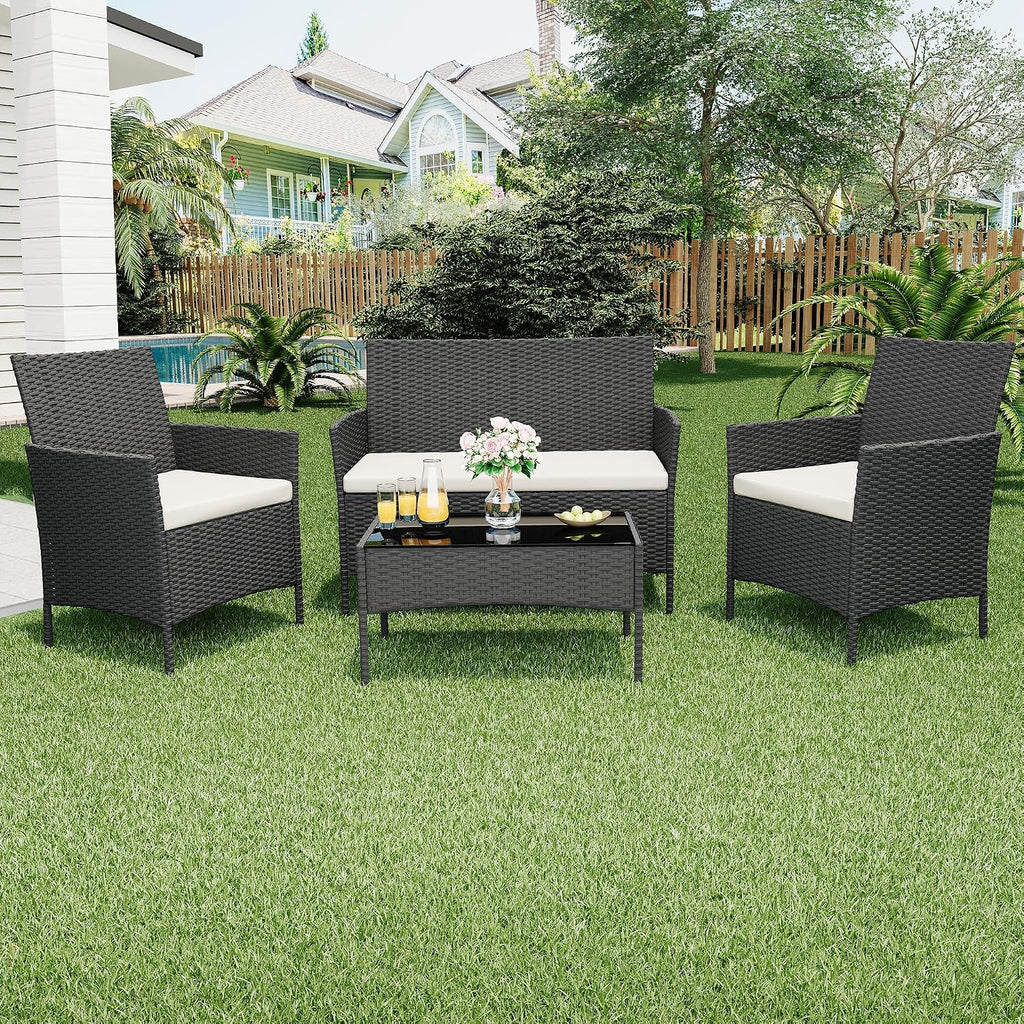 GarveeLife 4-Piece Patio Furniture Set, Rattan Outdoor Furniture with Upholstered Sofa, 2 Chairs & Coffee Table, Modern Conversation Bistro Set for Garden Backyard Porch (Black and Beige)