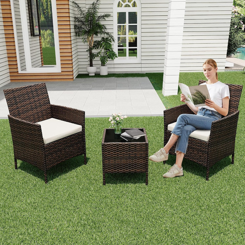 3 Piece Patio Furniture Set, Outdoor Patio Wicker Sofa Set with Upholstery and Glass Storage Coffee Table, All Weather Conversation Rattan Set for Garden, Porch, Lawn, Pool, Brown
