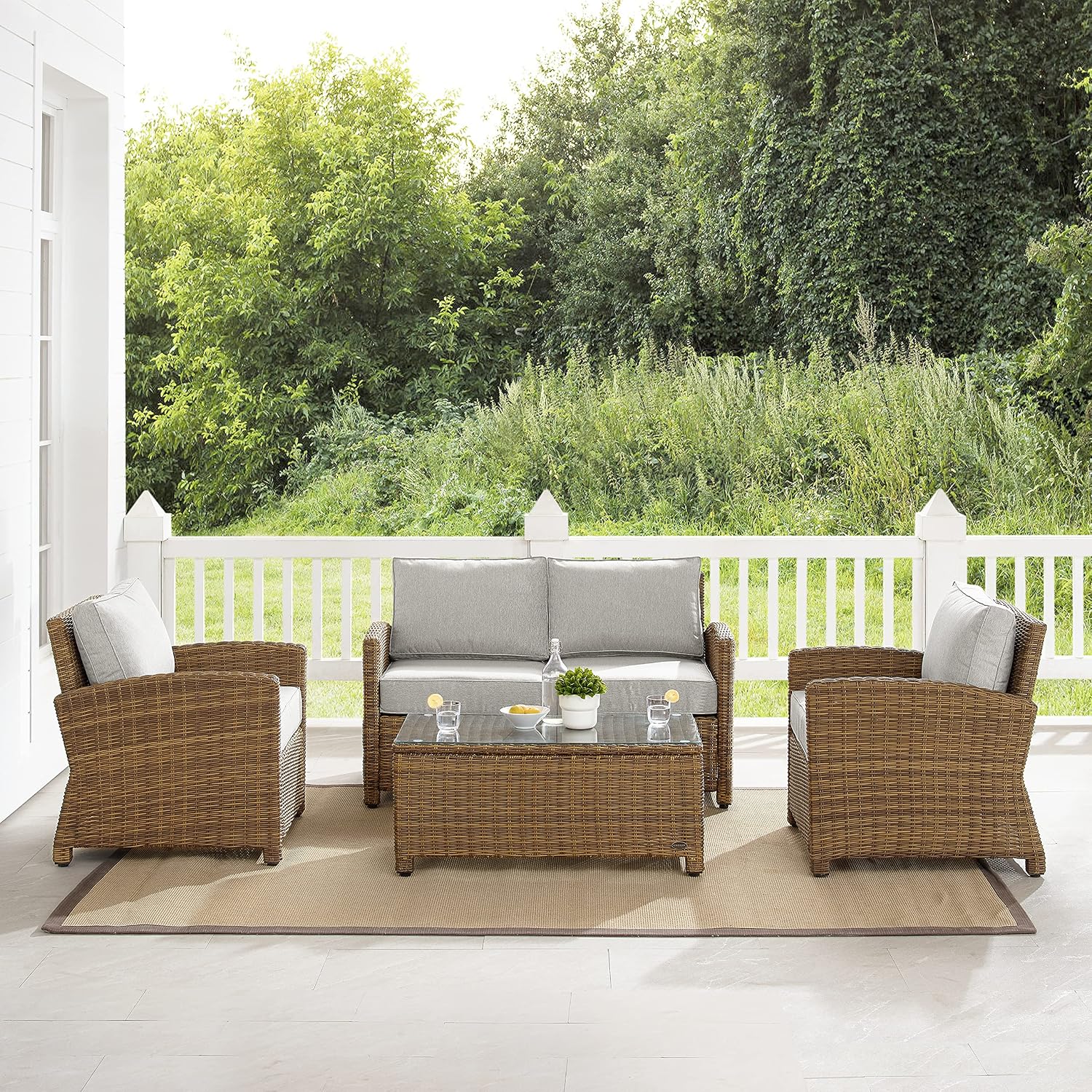 Crosley Furniture Bradenton 4-Piece Outdoor Loveseat Patio Furniture Set, Wicker Conversation Sets for Porch, Brown with Gray Cushions