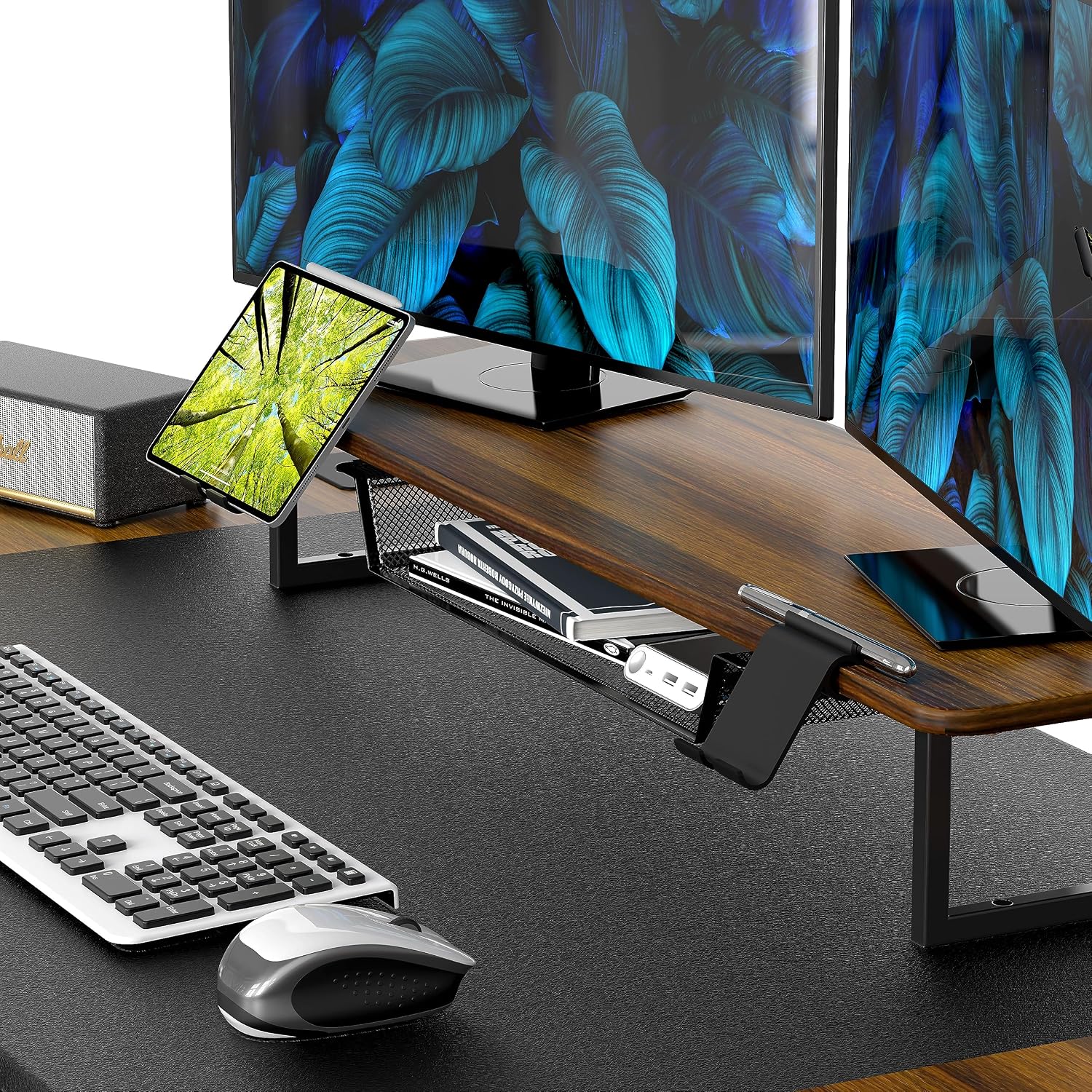 SHW 62-Inch Electric Height Adjustable Standing Desk with Monitor Riser and Drawer, Walnut