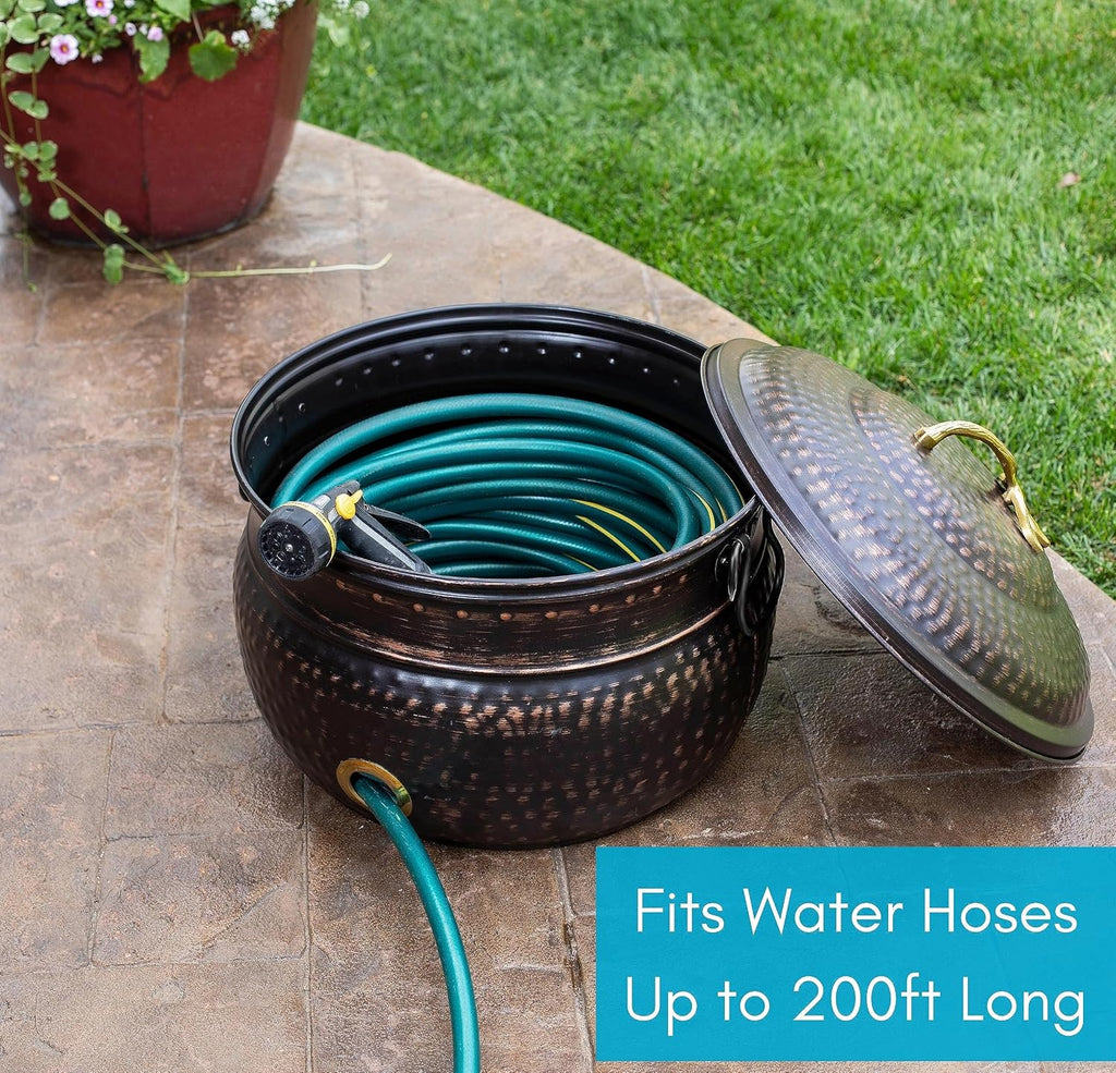 BIRDROCK HOME Water Hose Holder - Decorative Metal Pot, Indoor or Outdoor, Garden Storage Organizer, Patio Portable Bucket - Distressed Bronze, Holds up to 200ft Hoses, Large with Lid