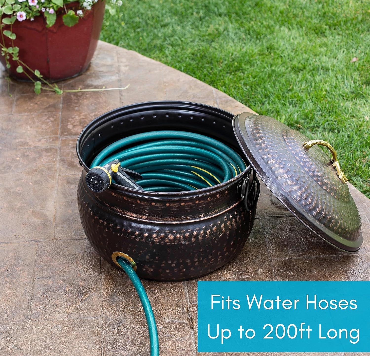 BIRDROCK HOME Water Hose Holder - Decorative Metal Pot, Indoor or Outdoor, Garden Storage Organizer, Patio Portable Bucket - Distressed Bronze, Holds up to 200ft Hoses, Large with Lid