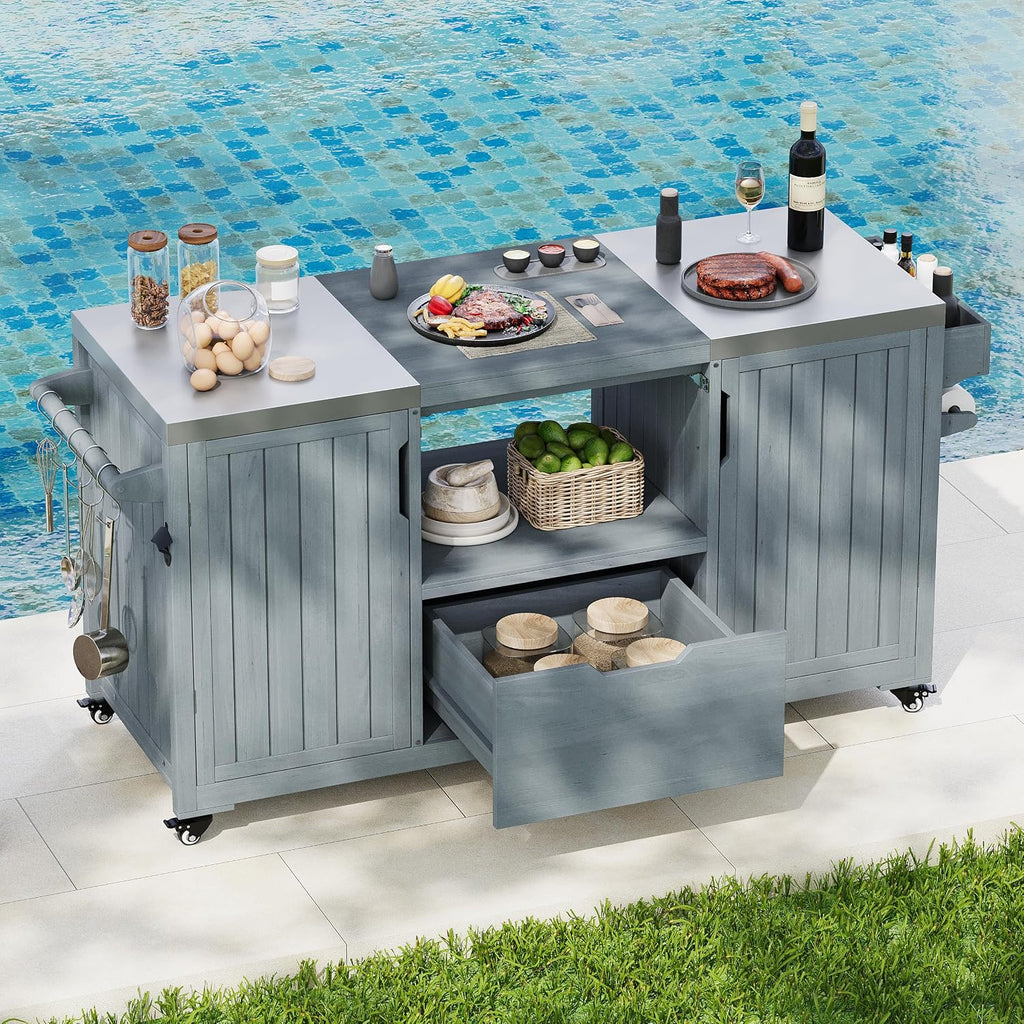 Merax 66.5' Outdoor Grill Table for Big Green Egg, Farmhouse Kitchen Island on Wheels with Stainless Steel Tabletop, Drawer and Spice Rack, Solid Wood Outdoor Storage Cabinet for Backyard, Grey Blue
