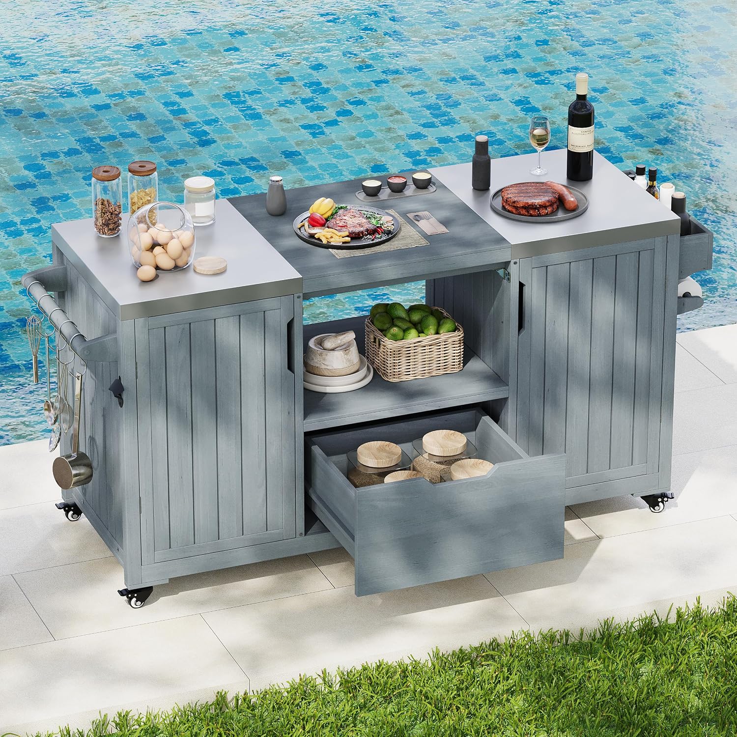 Merax 66.5' Outdoor Grill Table for Big Green Egg, Farmhouse Kitchen Island on Wheels with Stainless Steel Tabletop, Drawer and Spice Rack, Solid Wood Outdoor Storage Cabinet for Backyard, Grey Blue