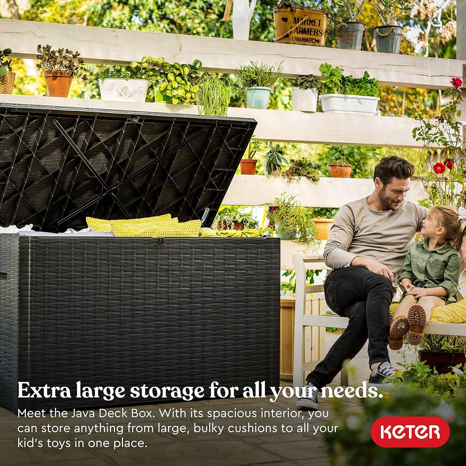Keter Java XXL 230 Gallon Resin Rattan Look Large Outdoor Storage Deck Box for Patio Furniture Cushions, Pool Toys, and Garden Tools, Dark Grey