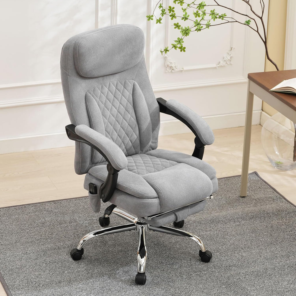 6-Point Massage Ergonomic Office Chair with Heated, Footrest & 45Reclining High Back, Big and Tall Executive Desk Chair 500LBS, Thick Cushion for Home Office, Grey