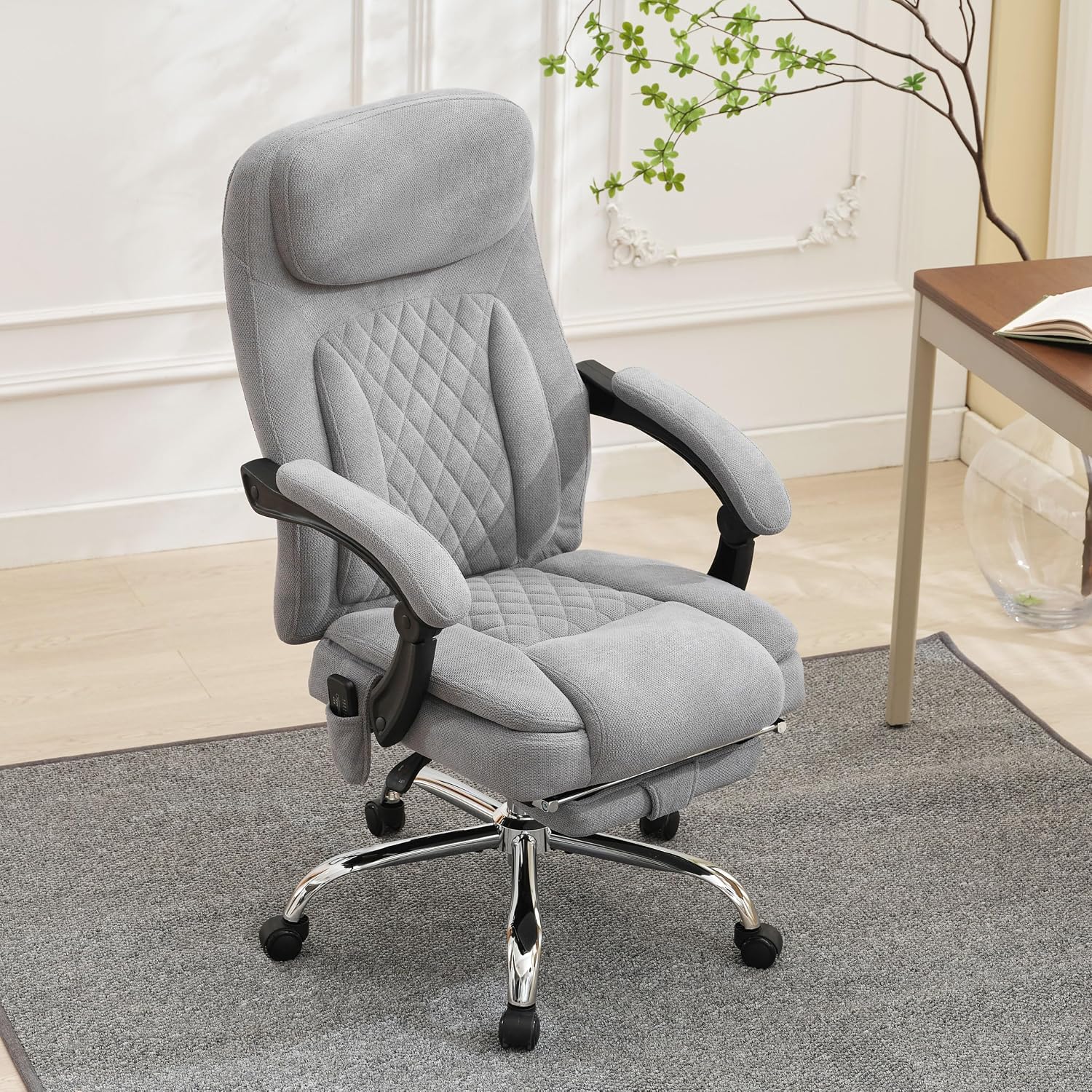6-Point Massage Ergonomic Office Chair with Heated, Footrest & 45Reclining High Back, Big and Tall Executive Desk Chair 500LBS, Thick Cushion for Home Office, Grey