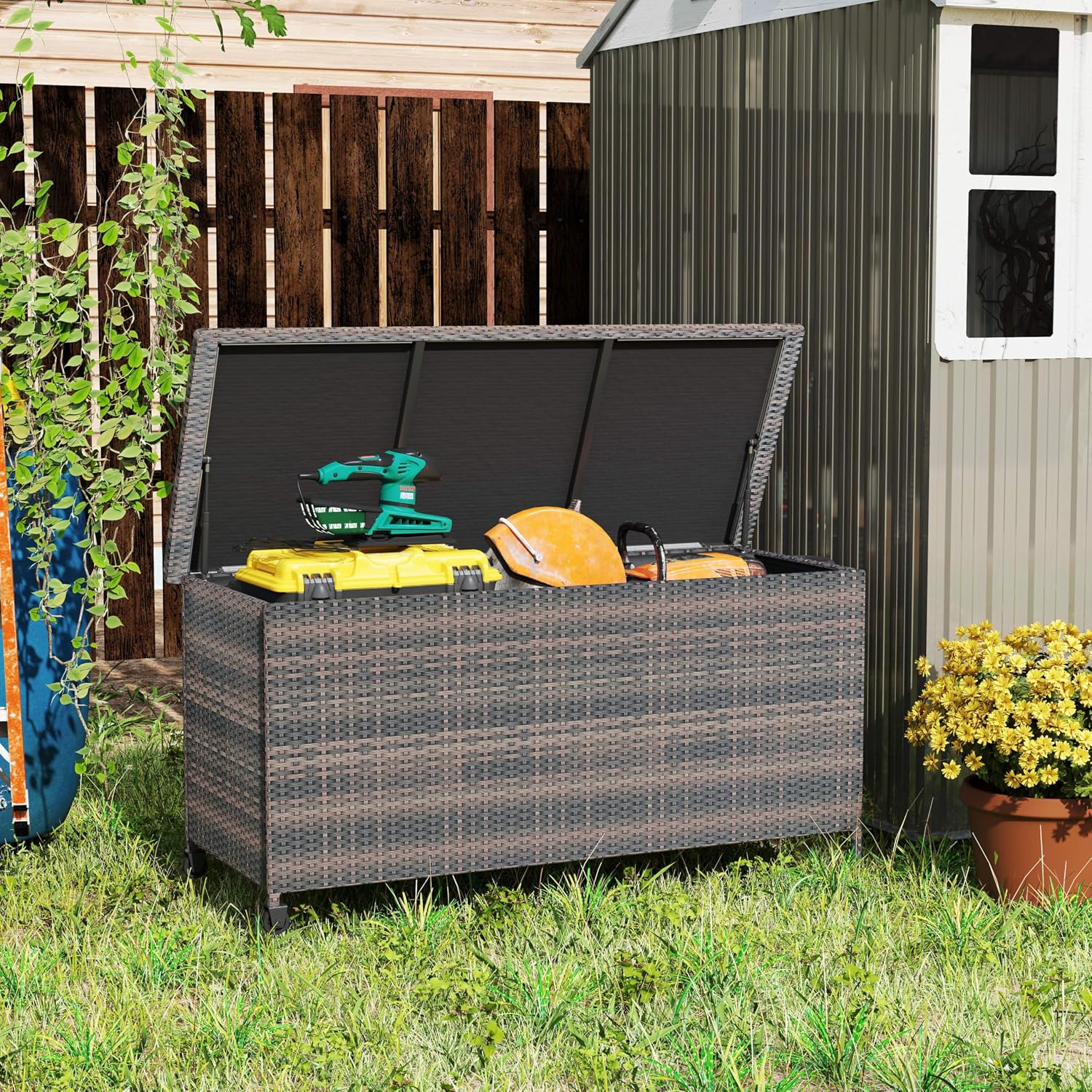 RELAX4LIFE 85-Gallon Deck Box with Wheels - Wicker Rattan Storage Bin Container w/Waterproof Liner & Gas Strut for Patio Cushions, Garden Tools, Pool Supplies, Indoor Outdoor Storage Box (Brown)