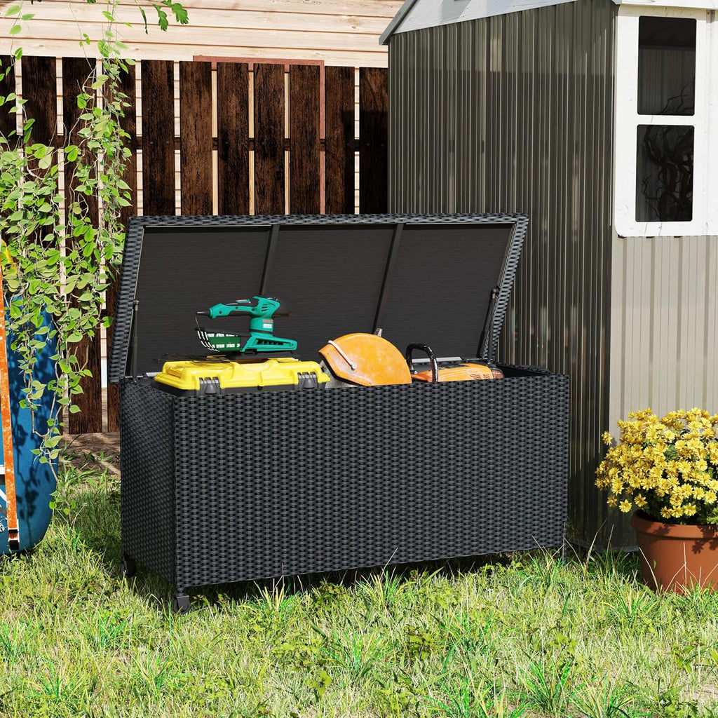 RELAX4LIFE 85-Gallon Deck Box with Wheels - Wicker Rattan Storage Bin Container w/Waterproof Liner & Gas Strut for Patio Cushions, Garden Tools, Pool Supplies, Indoor Outdoor Storage Box (Black)