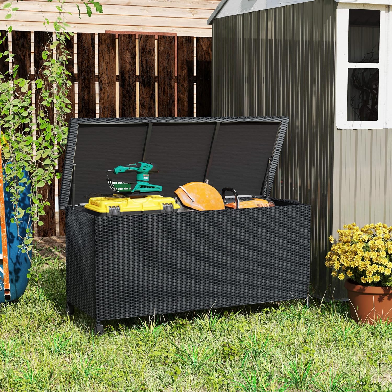 RELAX4LIFE 85-Gallon Deck Box with Wheels - Wicker Rattan Storage Bin Container w/Waterproof Liner & Gas Strut for Patio Cushions, Garden Tools, Pool Supplies, Indoor Outdoor Storage Box (Black)