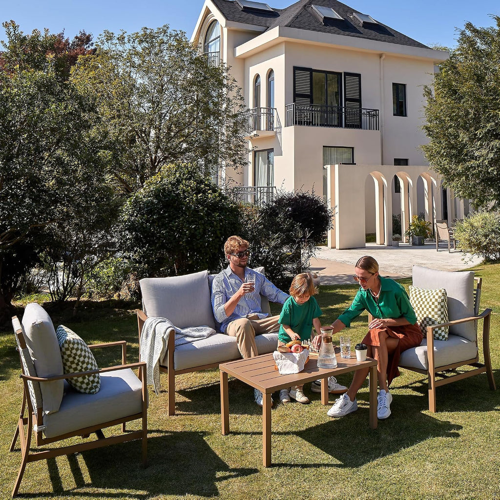 NATURAL EXPRESSIONS 4 Pieces Patio Furniture Sets, Modern Metal Outdoor Conversation Sets with High Back All Weather Hand-Woven Rope Rocking Chairs, Loveseat, Metal Table, 6' Thick Olefin Cushions