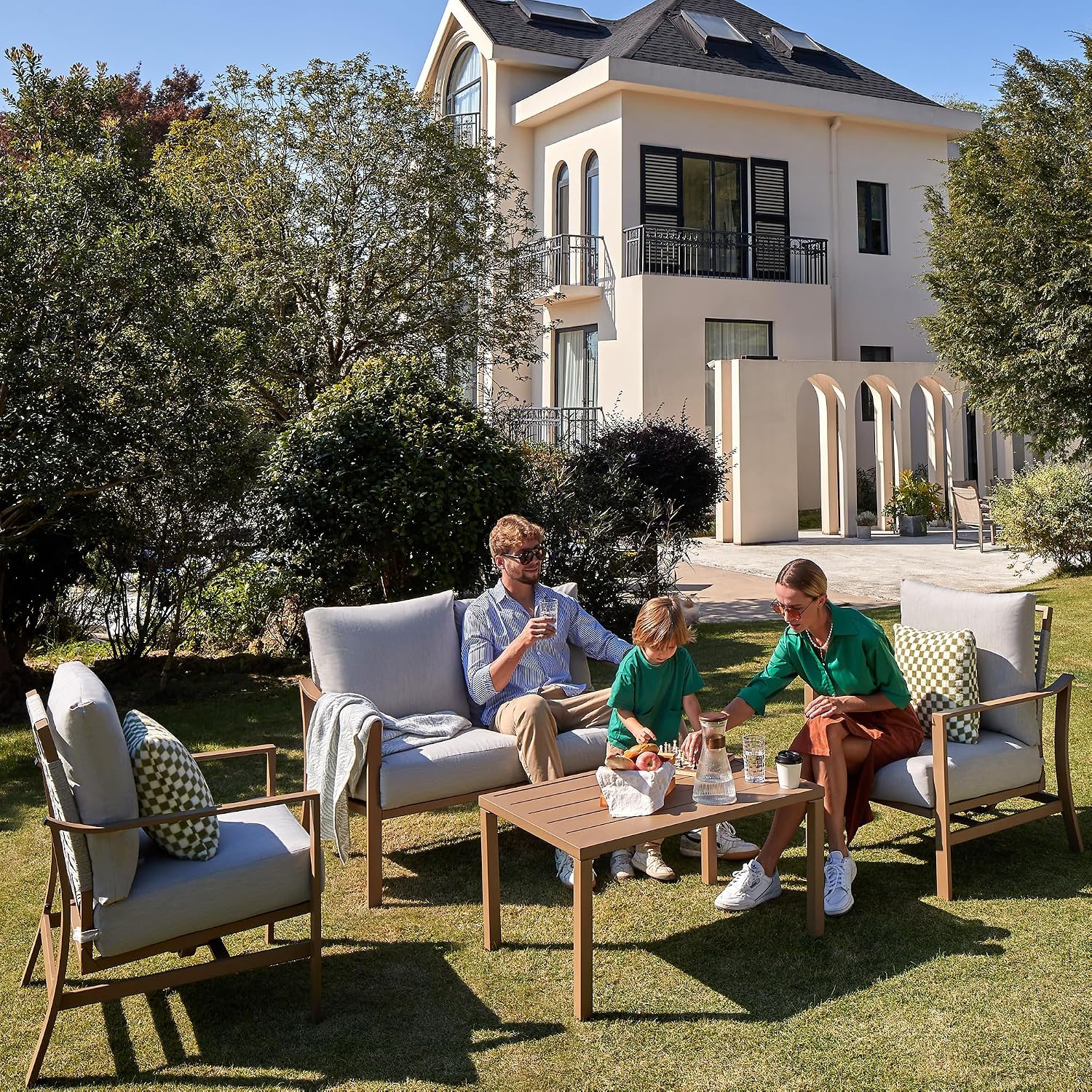 NATURAL EXPRESSIONS 4 Pieces Patio Furniture Sets, Modern Metal Outdoor Conversation Sets with High Back All Weather Hand-Woven Rope Rocking Chairs, Loveseat, Metal Table, 6' Thick Olefin Cushions