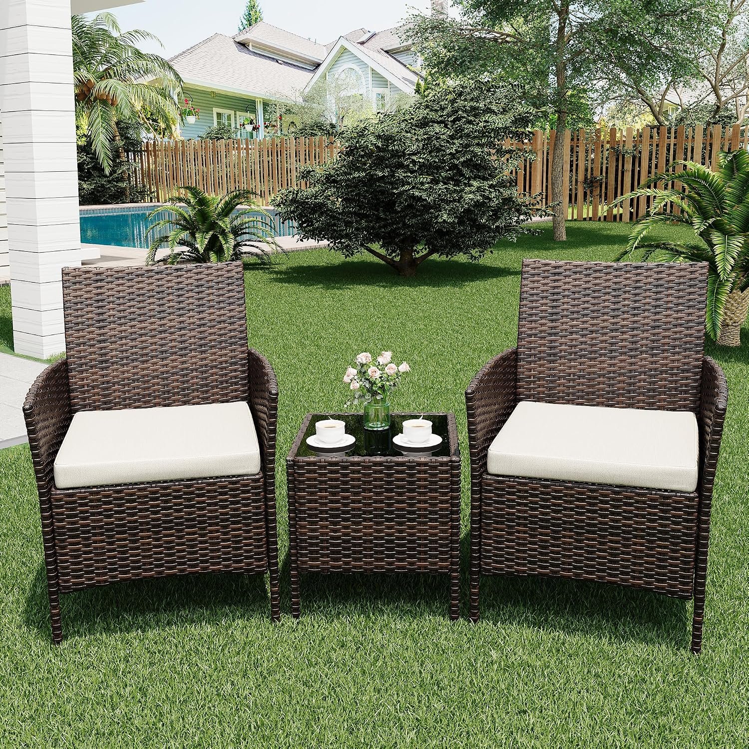 3 Piece Patio Furniture Set, Outdoor Patio Wicker Sofa Set with Upholstery and Glass Storage Coffee Table, All Weather Conversation Rattan Set for Garden, Porch, Lawn, Pool, Brown