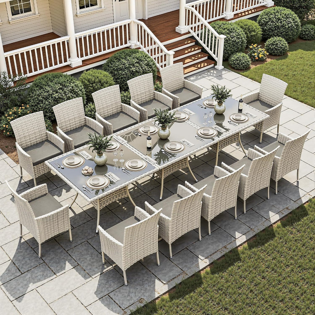 15-Piece Patio Dining Set, Patio Furniture Set with Square Tempered Glass Table & 12 Wicker Chairs, Expandable Design for Larger Groups, Outdoor Furniture for Backyard, Deck, Garden, Dark Grey