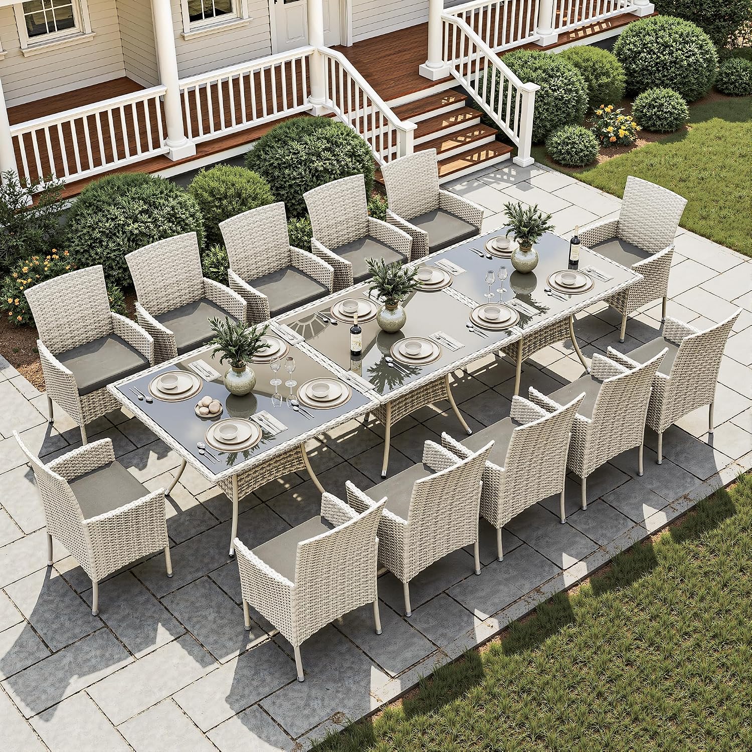 15-Piece Patio Dining Set, Patio Furniture Set with Square Tempered Glass Table & 12 Wicker Chairs, Expandable Design for Larger Groups, Outdoor Furniture for Backyard, Deck, Garden, Dark Grey