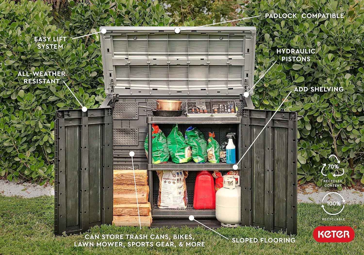 Keter Store-It-Out Prime XL 4.75 x 2.6 Foot Resin Outdoor Storage Shed with Double Doors and Easy Lift Hinges, Perfect for Trash Cans, Garden and Yard Tools, and Pool Toys, Black