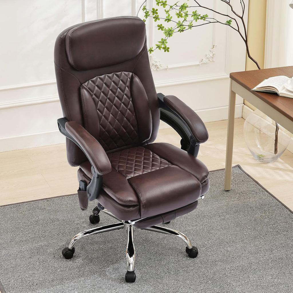 6-Point Massage Office Chair with Heated, Ergonomic Office Chair with Footrest & 45°Reclining High Back, Big and Tall Executive Office Chair 500LBS, Thick Cushion Desk Chair for Home Office, Brown(PU)
