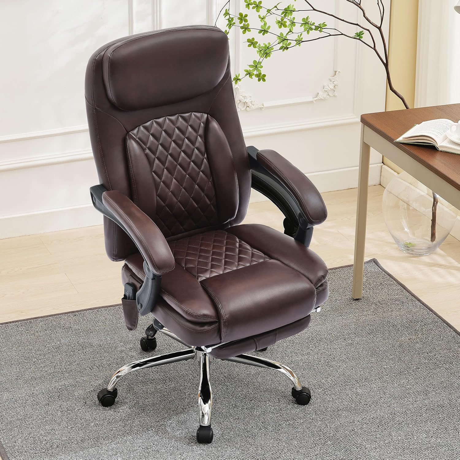 6-Point Massage Office Chair with Heated, Ergonomic Office Chair with Footrest & 45°Reclining High Back, Big and Tall Executive Office Chair 500LBS, Thick Cushion Desk Chair for Home Office, Brown(PU)