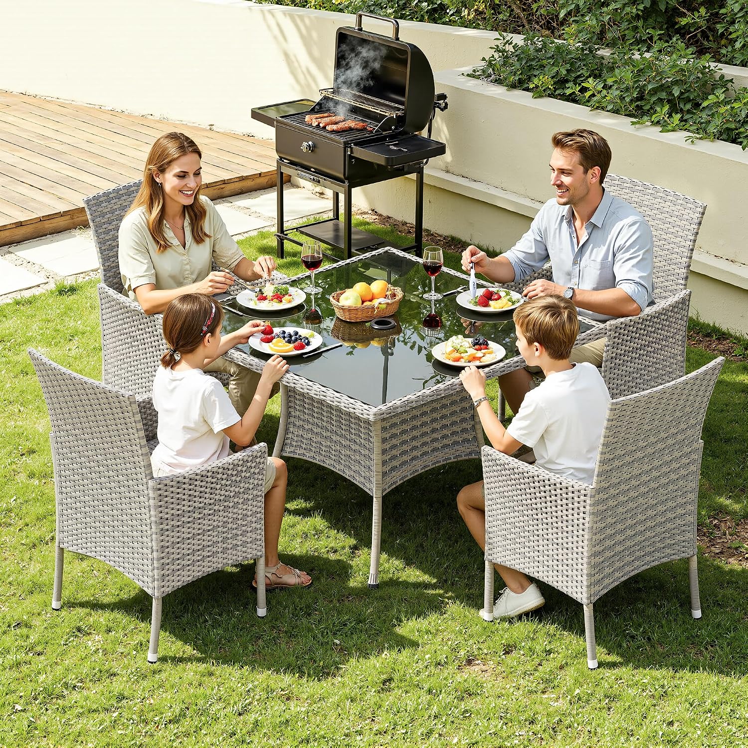 10-Piece Patio Dining Set, Patio Furniture Set with Square Tempered Glass Table & 8 Wicker Chairs, Expandable Design for Larger Groups, Outdoor Furniture for Backyard, Deck, Garden, Beige